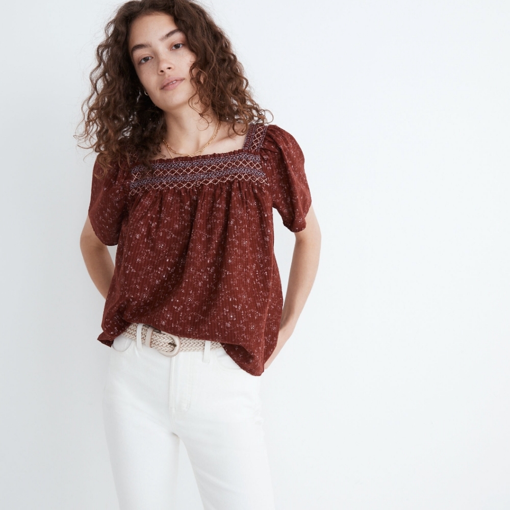 Madewell square neck smart short sleeve rust color blouse size small